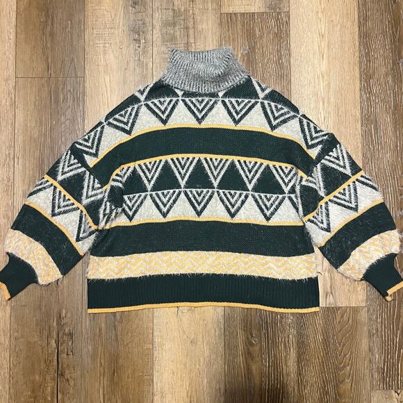 J. NNA Womens Boxy Mock Neck Sweater Geometric Color-block Sz M Gray Yellow 80s - Picture 1 of 7